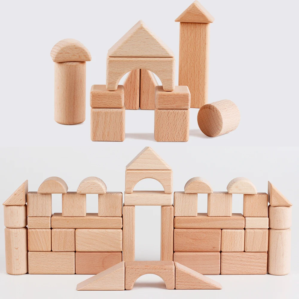 Creative Early Learning Educational 80 Pieces Natural Beech Wooden Kids Building Blocks Set Toy