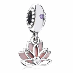 925 Sterling Silver Lucky Pink Lotus Flower Charms Beads For Famous Brand Bracelet Silver Charms flower heart necklace