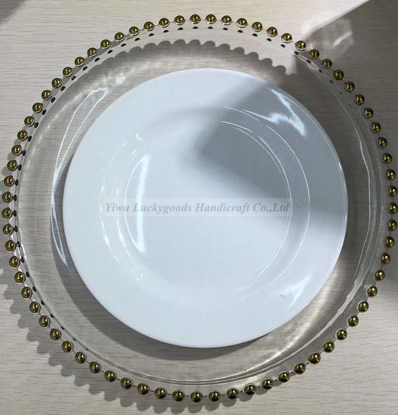 hotel Wholesale Wedding Gold Silver clear steak Glass Charger Plate wedding colored beaded glass charger glass plates
