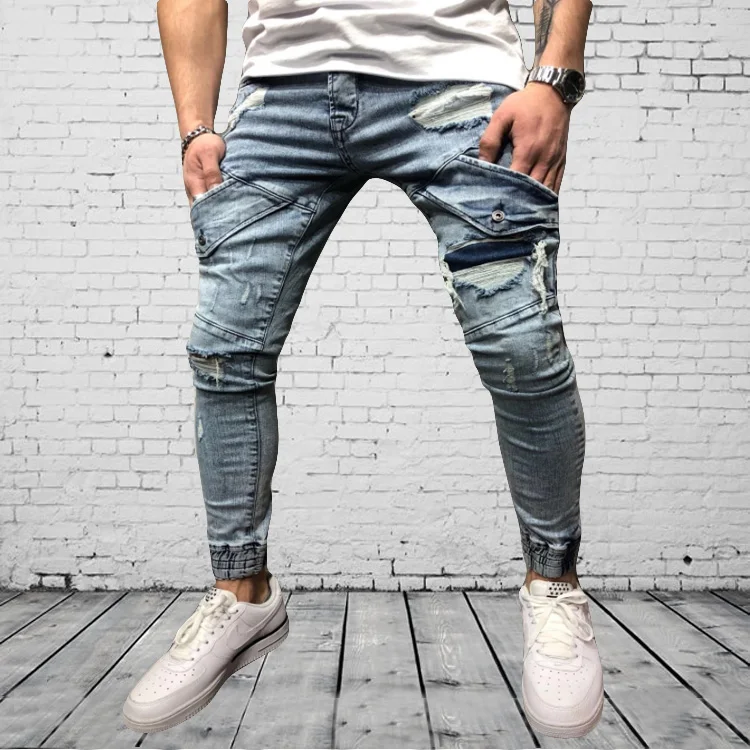 Новые мужские байкерские джинсы, облегающие джинсы с прострочкой, мужские ковбойские брюки с дырками, мотоциклетные брюки