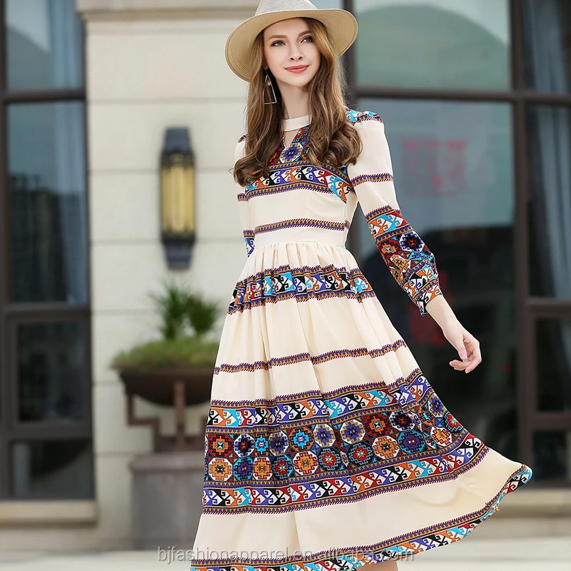 
New Products Fashion Floral Printed Gored Skirt Dress American Long Sleeve Big Swing Cotton Full- Skirt Dress 