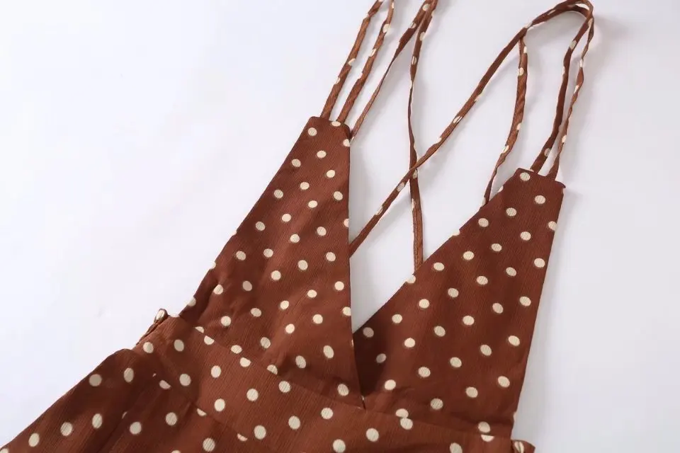 Wholesale Women clothing Cami Brown Polka Dot Pattern Print Jumpsuit