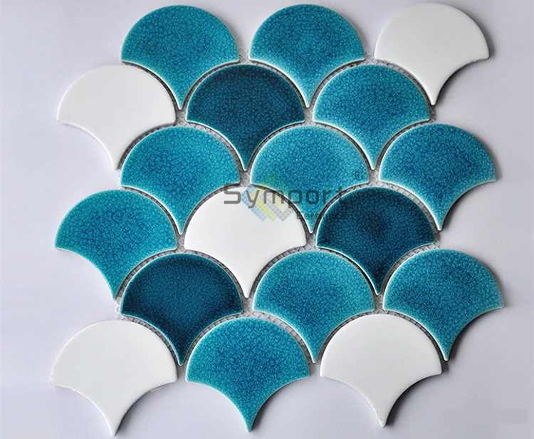 Blue Color Fish Scale Mosaic Ogee Drop Ceramic Fan Tile