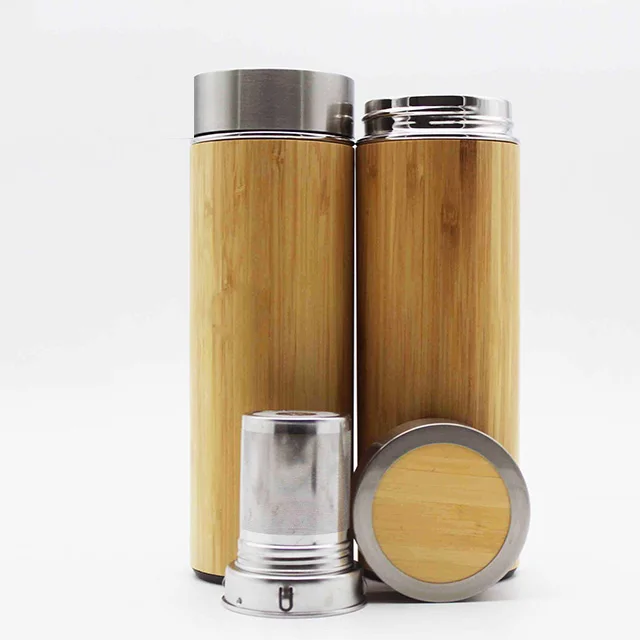 400ml Double wall insulated Vacuum Bamboo Tumbler,Drinking bottle Thermos Cup with Strainer,bamboo water bottle /tea infuser