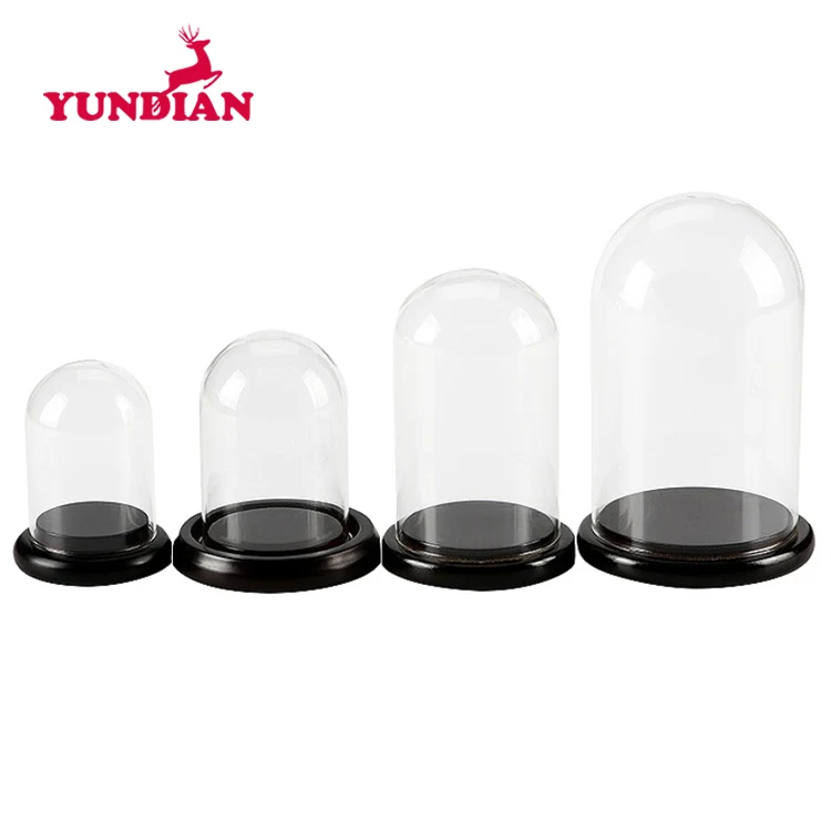 Factory Wholesale Different Size Oval Shape Bell Display Cloche Transparent Clear Glass Dome With Base Wood For Home Decor
