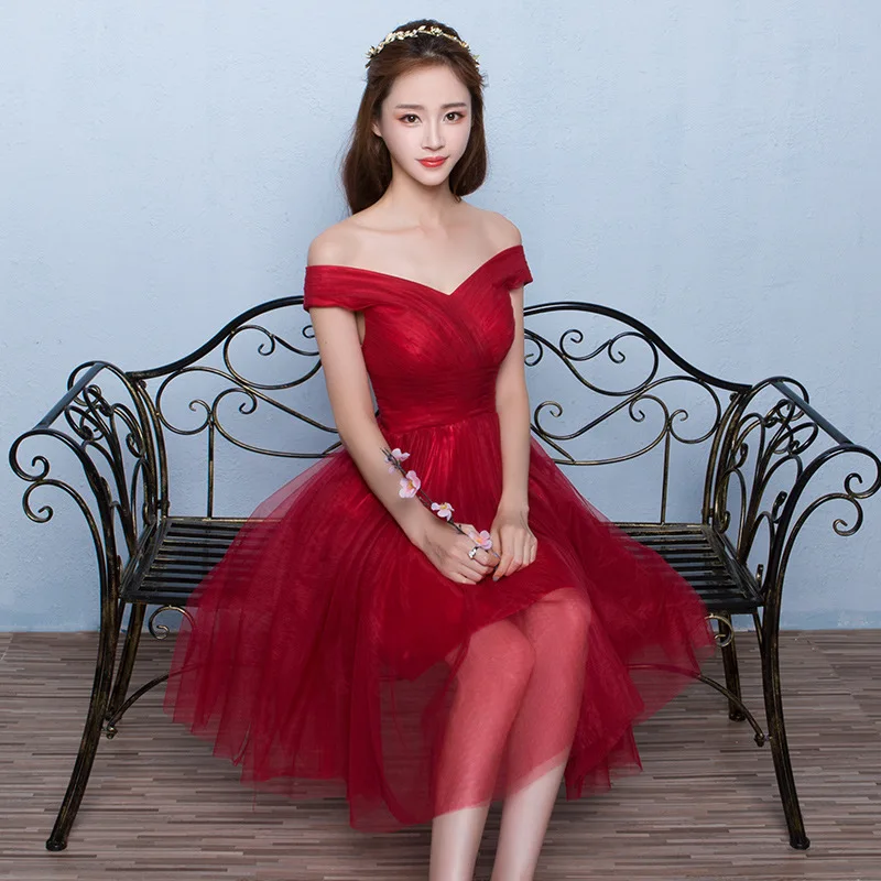 ZH1153L 2018 модное красное короткое Кружевное Элегантное свадебное платье подружки невесты с открытыми плечами