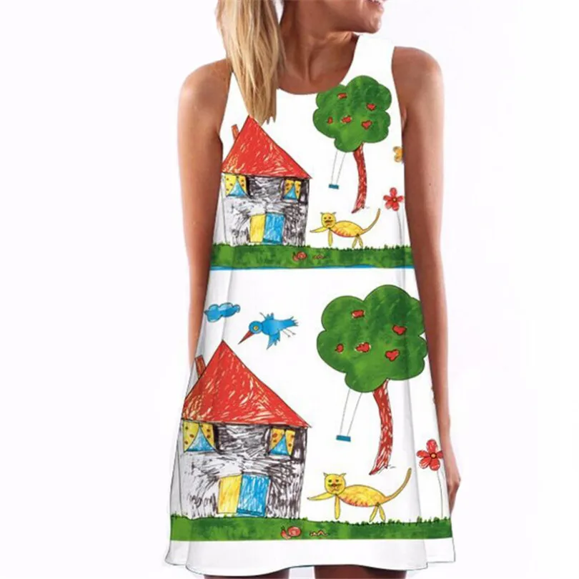 Summer Sleeveless Casual dress brief Girls Fashion Women 3D abstract  print Oil painting short dresses