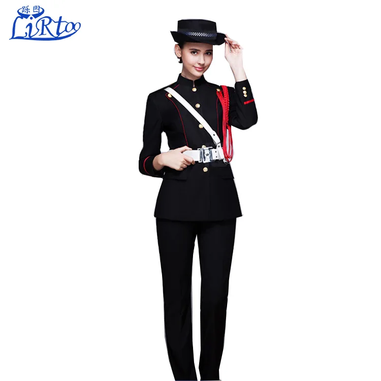 Design high quality lady hotel security guard uniform black color for sale
