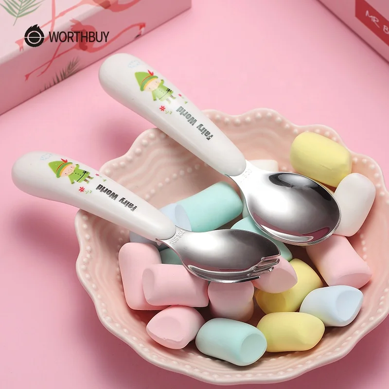 WORTHBUY Cute Cartoon Cutlery Set For Kids 304 Stainless Steel Tableware Plastic Handle Fork Spoon Dinnerware Kitchen Dinner Set