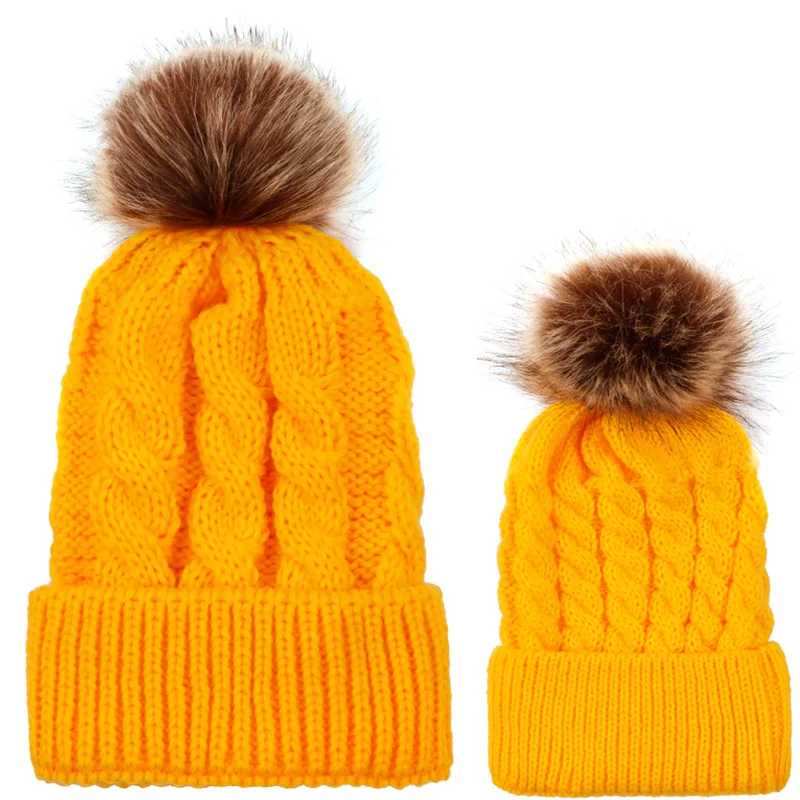 Mom Baby Kid Winter Warm Fox Fur Ball Beanie Hat Mommy boys Mother Daughter Cotton Knitted Parent Child Hat