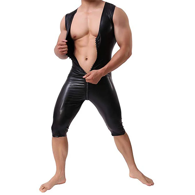 Mens Sexy PVC Leather short sleeves Catsuit Bodysuits Jumpsuit Black male Romper Adult Men