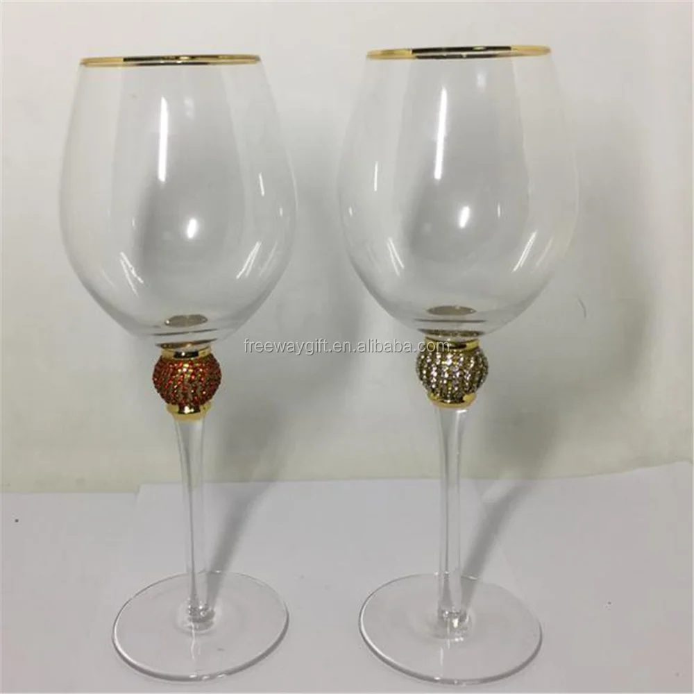 Diamond Gold Rimmed Wine Glasses Set  Wine Glass with Rhinestone Design and Gold Rim
