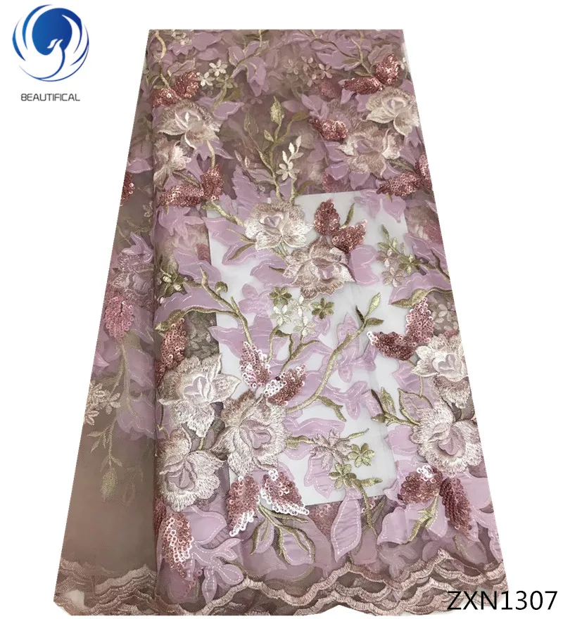 Beautifical african fabric mesh flower embroidery sequin net lace navy blue tulle ZXN13