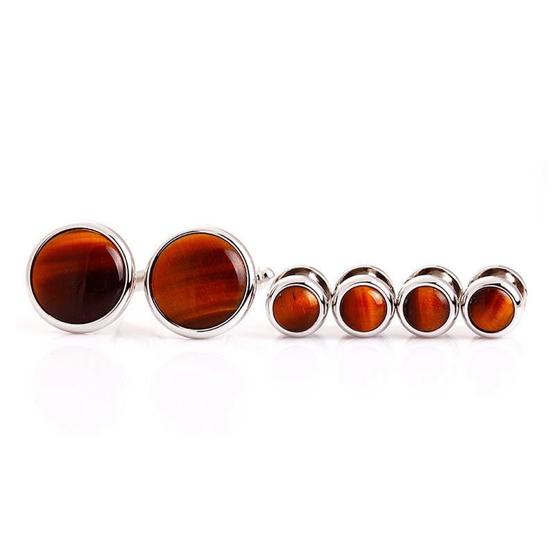 TIGERS EYE CUFFLINK SET FORMAL SET IN SILVER