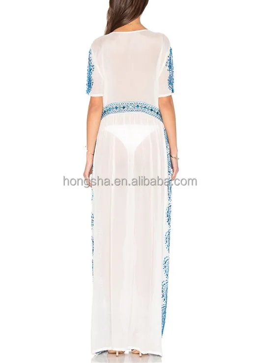 Sexy V Neck Beach Cover Up Kaftan Style Kurti Beaded Chiffon Maxi Dresses HSD2975