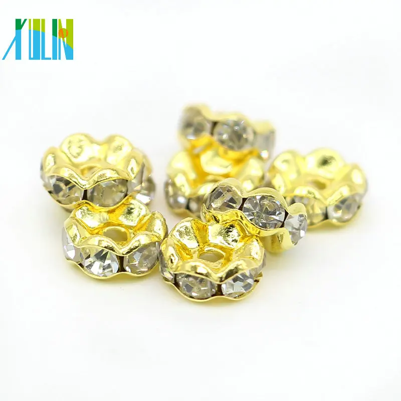 XULIN Wholesale DIY Plated Gold Wavy Side Metal Rondelle Beads Jewelry Making Crystal Clear Glass Spacer Beads IA0202