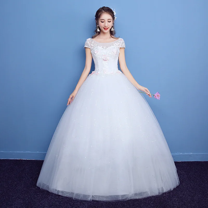 2017 Korea style Cheap Wedding Gown with short Sleeve Pink flower Lace Bridal Dresses