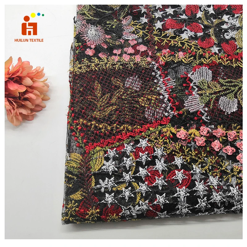 HLPD301 Mesh Custom 3D flower Embroidery Multi Color African Color Tulle Lace Fabric for Dress