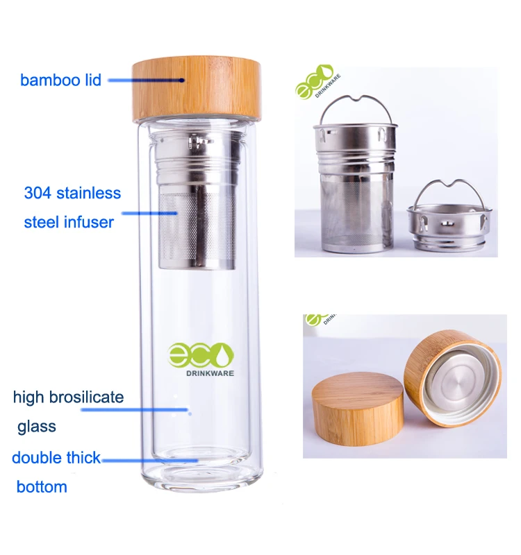 BPA free Promotion 450ml special unique shape transparent intelligent double walled water bottle with logo bamboo lid