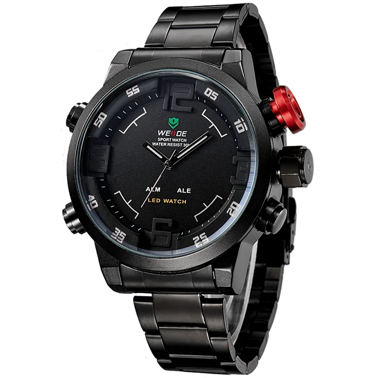 WEIDE WH2309 LED Digital Men Sports Quartz Watches Fashion Wristwatch 3 ATM Water Resistant Stainless Steel Watch