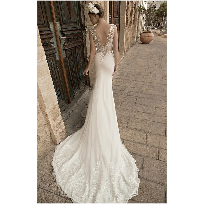 Eslieb A47 Online V-neck plain shine lace court train design mermaid trumpet long trail wedding dress