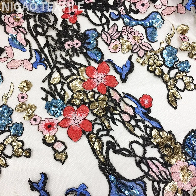 
100% Polyester Sequins Mesh 3d Flowers Embroidered Fabrics for Wedding Dress 