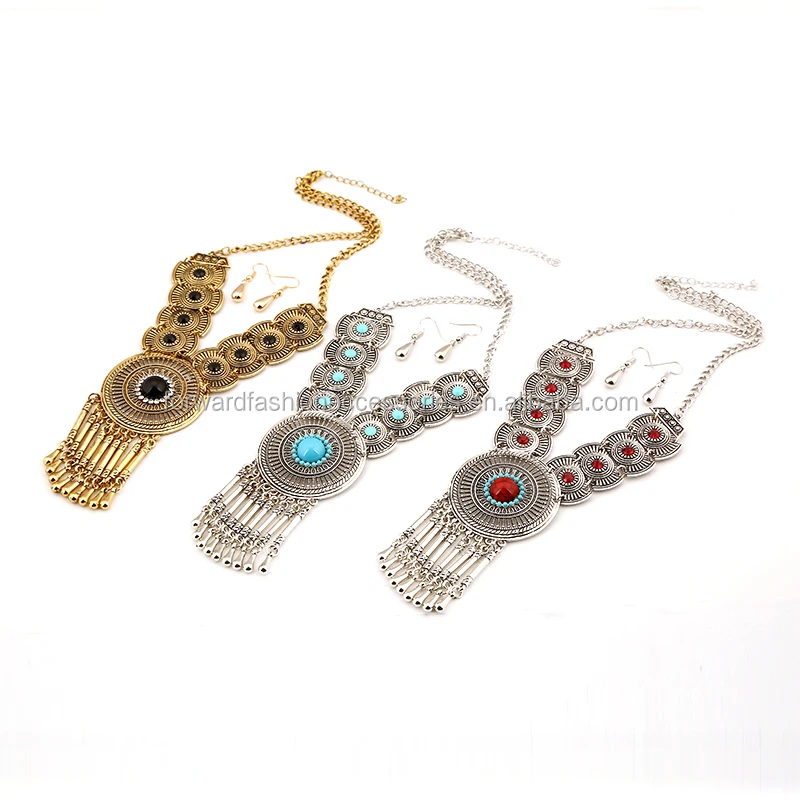 Women Exaggerated Tassel Inlay Gemstone Ethnic Turkish Costume Jewellery