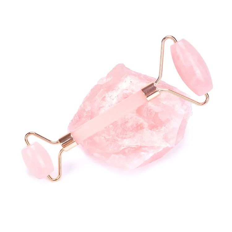 OEM logo Amazon face rose gold frame pink neck massage rose quartz facial roller with resin handle