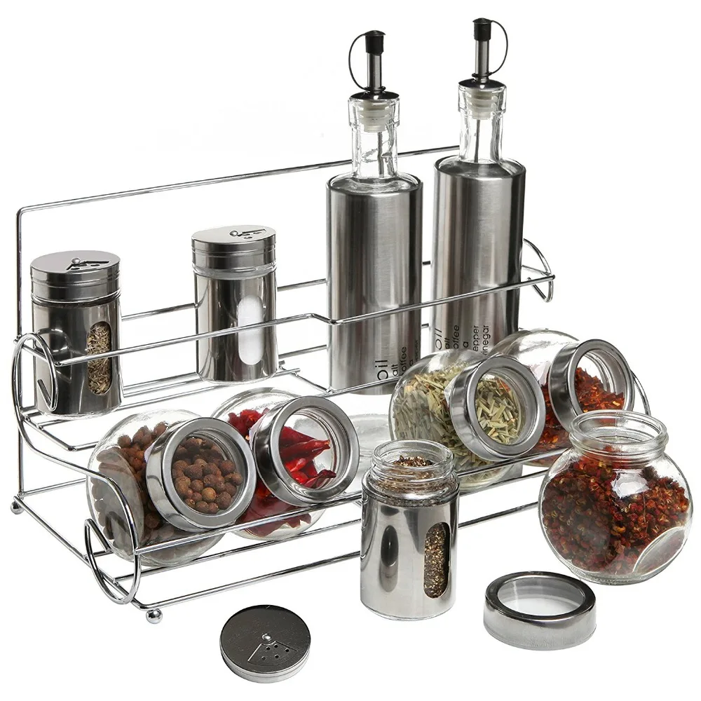 
Stainless Steel Condiment Set With 2 Oil / Vinegar Bottle Cruets, 3 Shaker Spice Jars, 5 Glass Canister Jars & Chrome Rack 