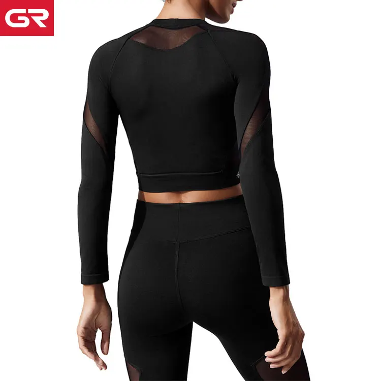 Sexy Mesh Crop Tank Top Moisture Wicking Custom Womens Long Sleeve Crop Top