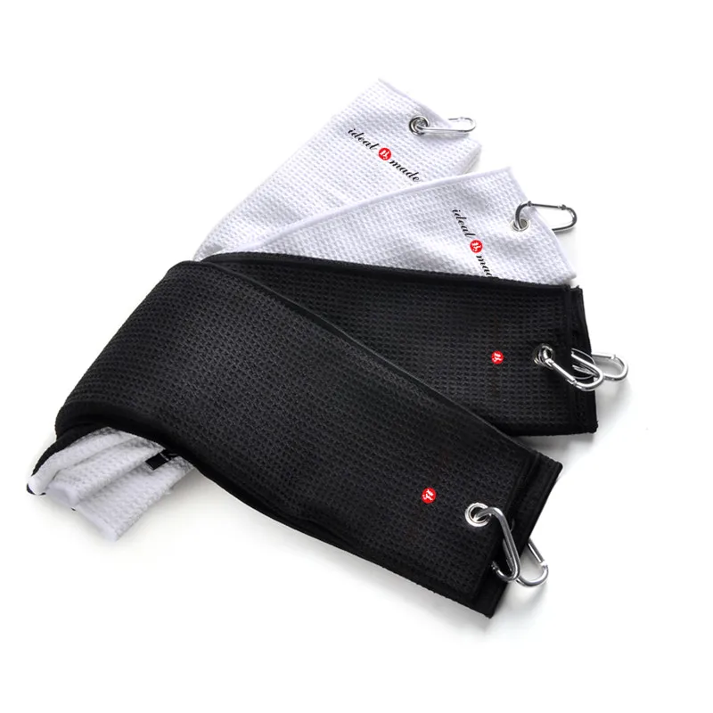 
 Пользовательский логотип Двойное действие черно-белое тройное складное Микро волокно вафельное плетение стильное дисковое полотенце для гольфа с втулкой и зажимом  