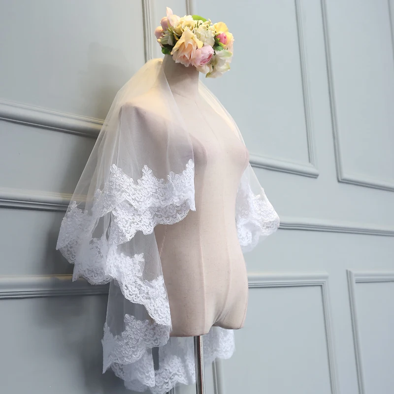 
wholesale top quality short lace two layer Ivory 1.5 meters width 1.5 meters short lace veil for bridal with comb MSVB3 