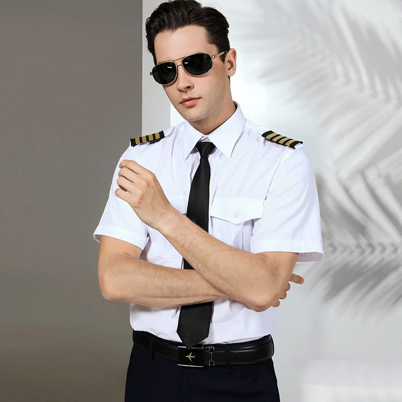 Man airline pilot captain uniform  white shirt long sleeve short sleeve white pilot shirts