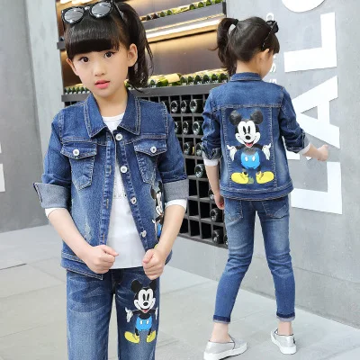 Junior Girls children spring Jeans autumn sports casual cowboy Cartoon Mouse suit 2 sets