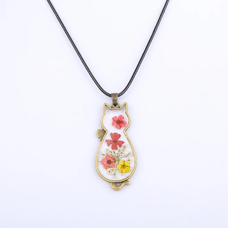 wholesale Fashion Real Flower Accessories Cat Shape Resin Pendant Necklace