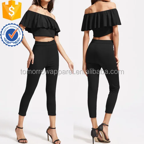 
Off The Shoulder Ruffle Crop Top With Pants Manufacture Wholesale Fashion Women Apparel (TA4059SS) 