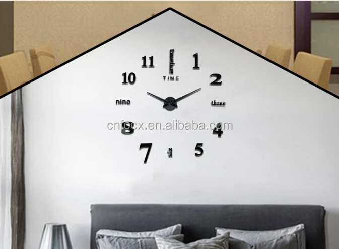 DIY Silver Large 3D Wall Clock / Home Decorative Mirror wall clock / Wall Sticker Decal Clocks