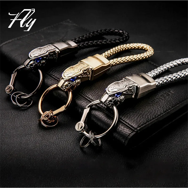 Leopard Head High - Grade Metal Key Ring - Blue - Drill Car Keychain Custom Key Chain Braided leather rope