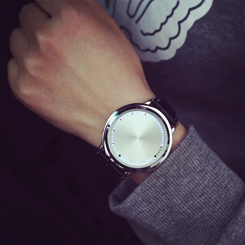 Creative Personality Leather Waterproof LED Watch Men And Women Couple Watch Smart Electronics Casual Watches