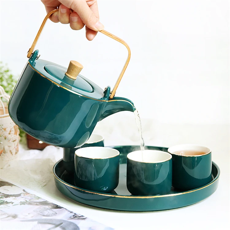 New design european style gold rim green wholesale porcelain tea set
