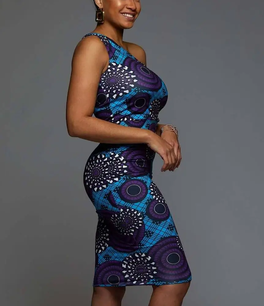 
2020 Summer Women African Clothing 100% Polyester ITY Print Fabric Short Dress 