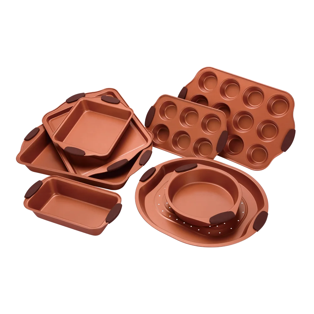 Baking dish bakeware sets with silicone handles and copper