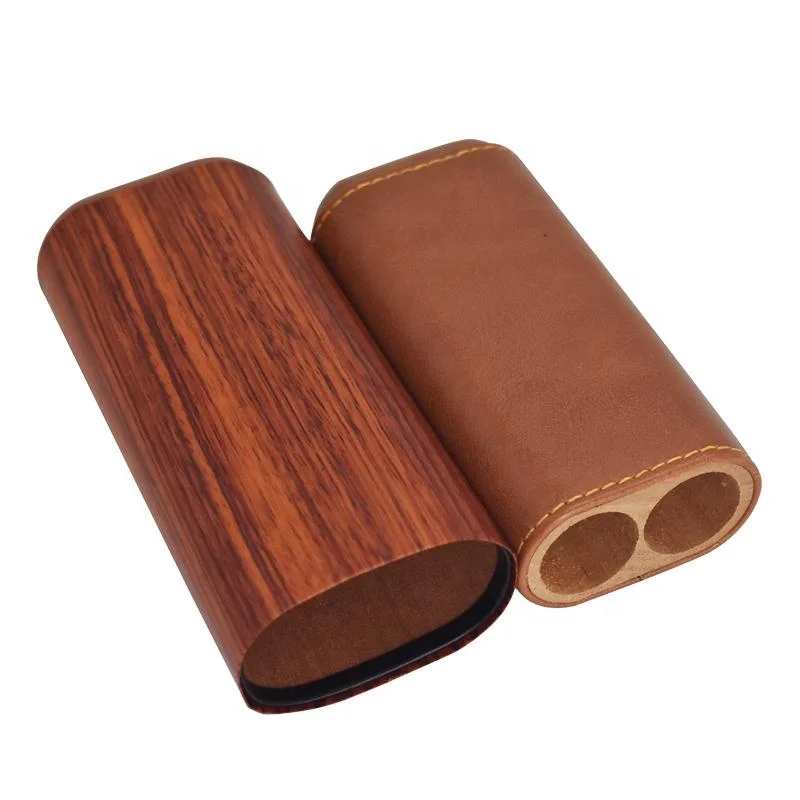Leather 2 Tubes Cigar Case Portable Ebony Wood Mini Cigars Humidor