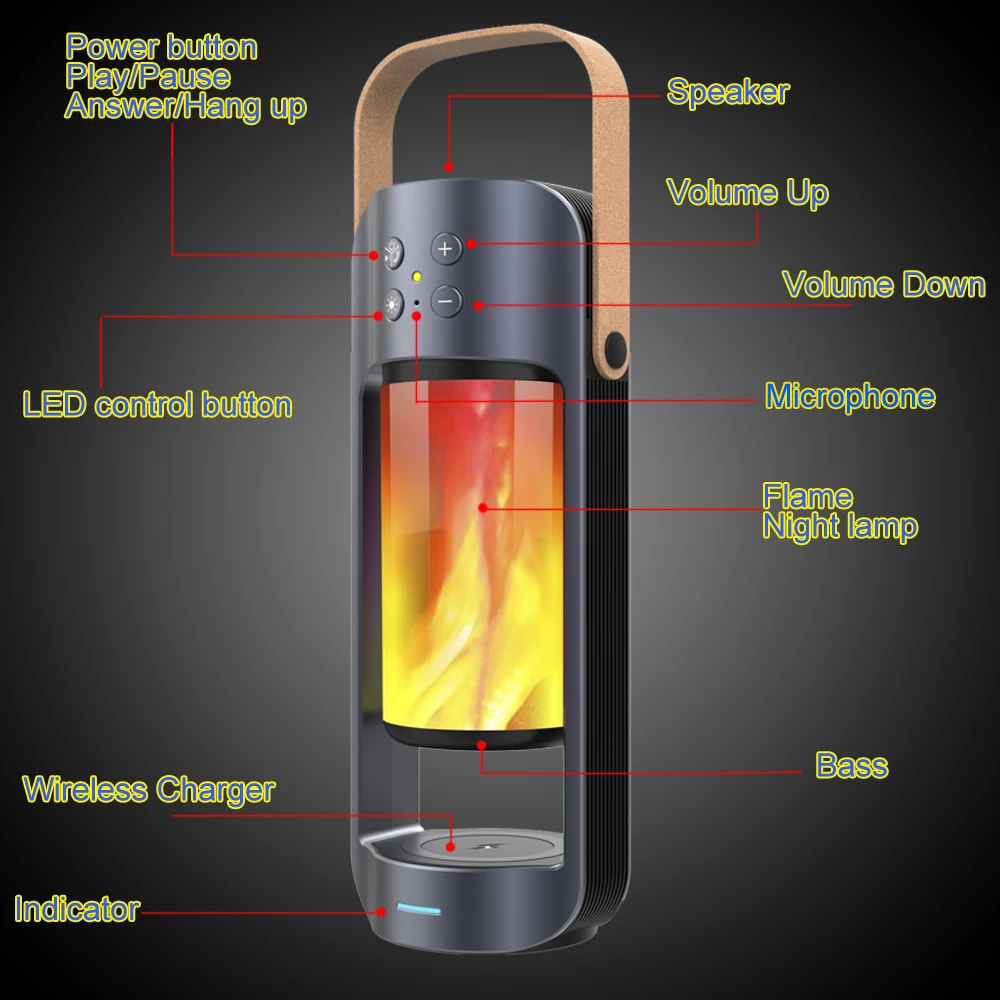 wireless speaker flame LED night light & TWS function with wireless charger support TF card and USB