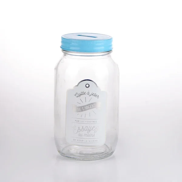 Custom Design 680ml clear Mason Jar 27oz Coin Bank Glass Jar With Coin Slot Lids