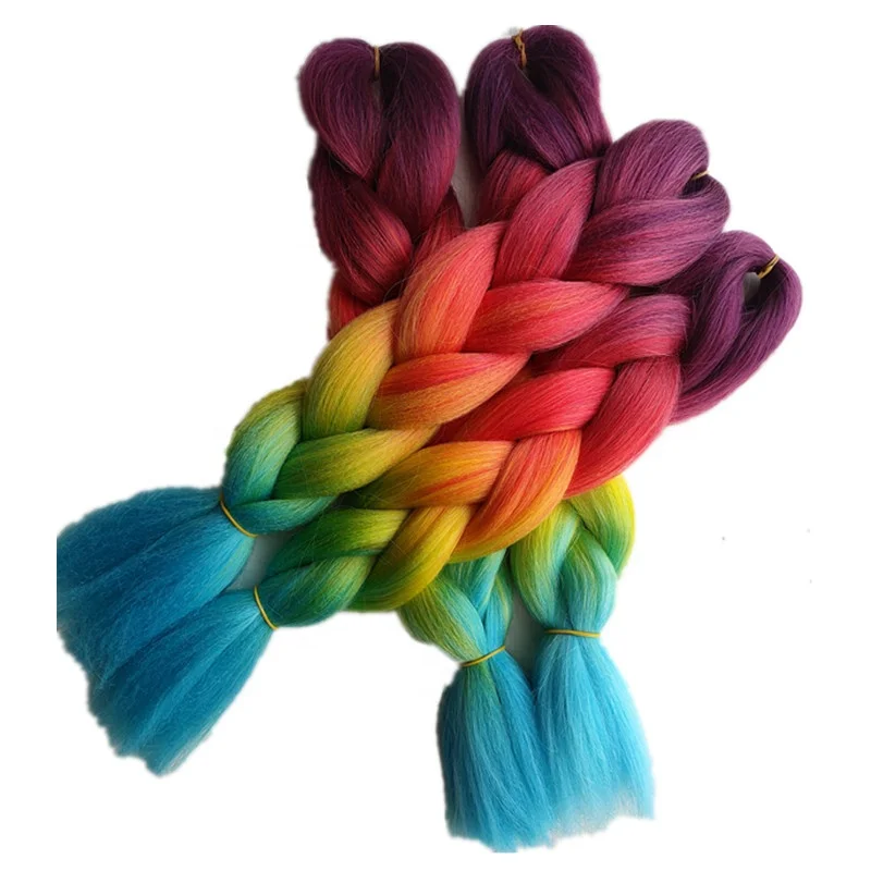 Оптовая продажа 100 г летняя прическа 16 дюймов Короткие вязаные крючком косички Yaki прямые плетеные волосы для наращивания Омбре Радужный цвет