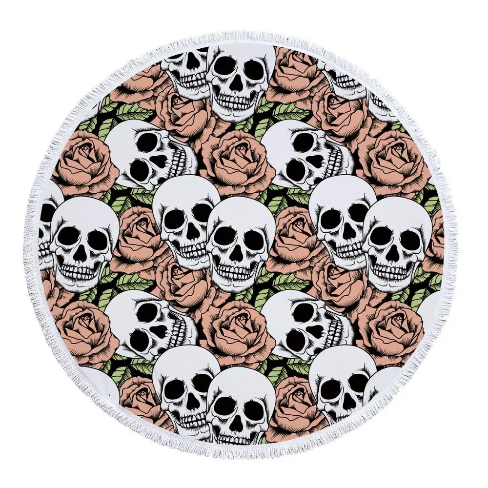 Skull Round Beach Towel Circle Blanket Skeleton Flower Microfiber Round Beach Blanket Custom Print Toalla Redonda