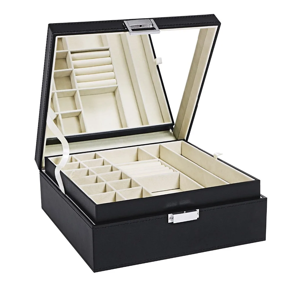 
factory in dongguan PU/PVC leather black mirror antique high-end jewelry storage case 