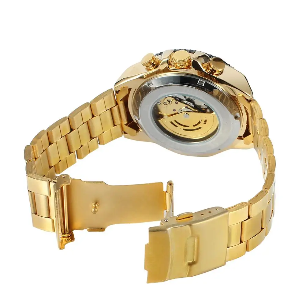 T-Winner Gold Design Clock Men Stainless Steel Wrist Watches Top Brand Custom Logo  Luxury Skeleton Mechanical Automatic Watch