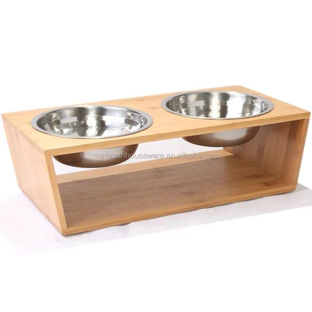 Surdy Bamboo Elevated Pet Dog Feeder with Metal Bowl
